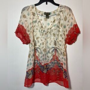 Fei 100% Silk Top V-Neck Short Sleeve Elastic Cuffs Sheer Shells/Ribbon Sz Small